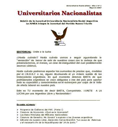 Tapa Nro. 1 "Universitarios Nacionalistas"